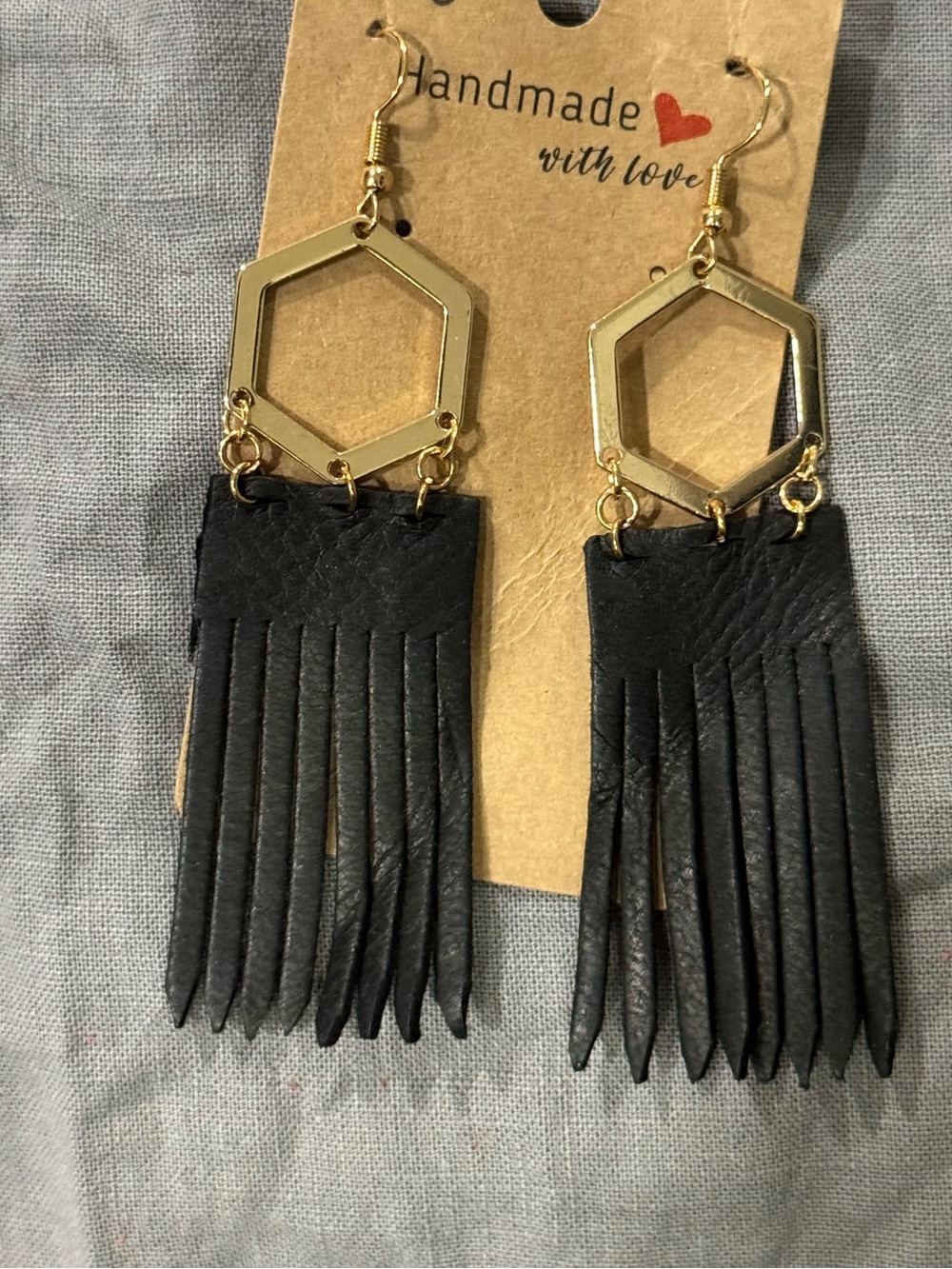 Gold Hexagon and Black Fringe Earrings - Handmade